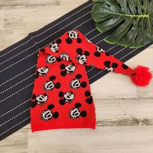 Disney Parks Red Mickey Mouse Print Winter Hat Red Pom Pom